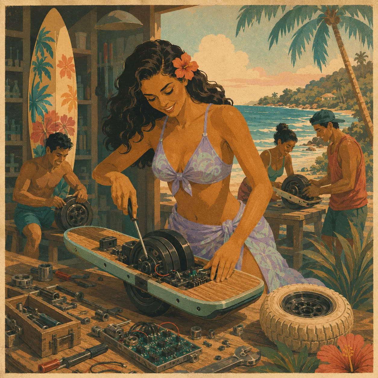 A vintage Hawaiian workshop building a Turfboard by the beach